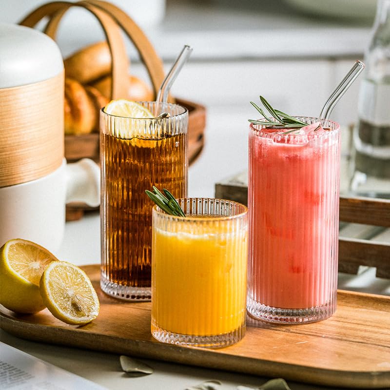 POLIDREAM Ribbed Highball Glass Cups – 12oz Origami Style Set of 4