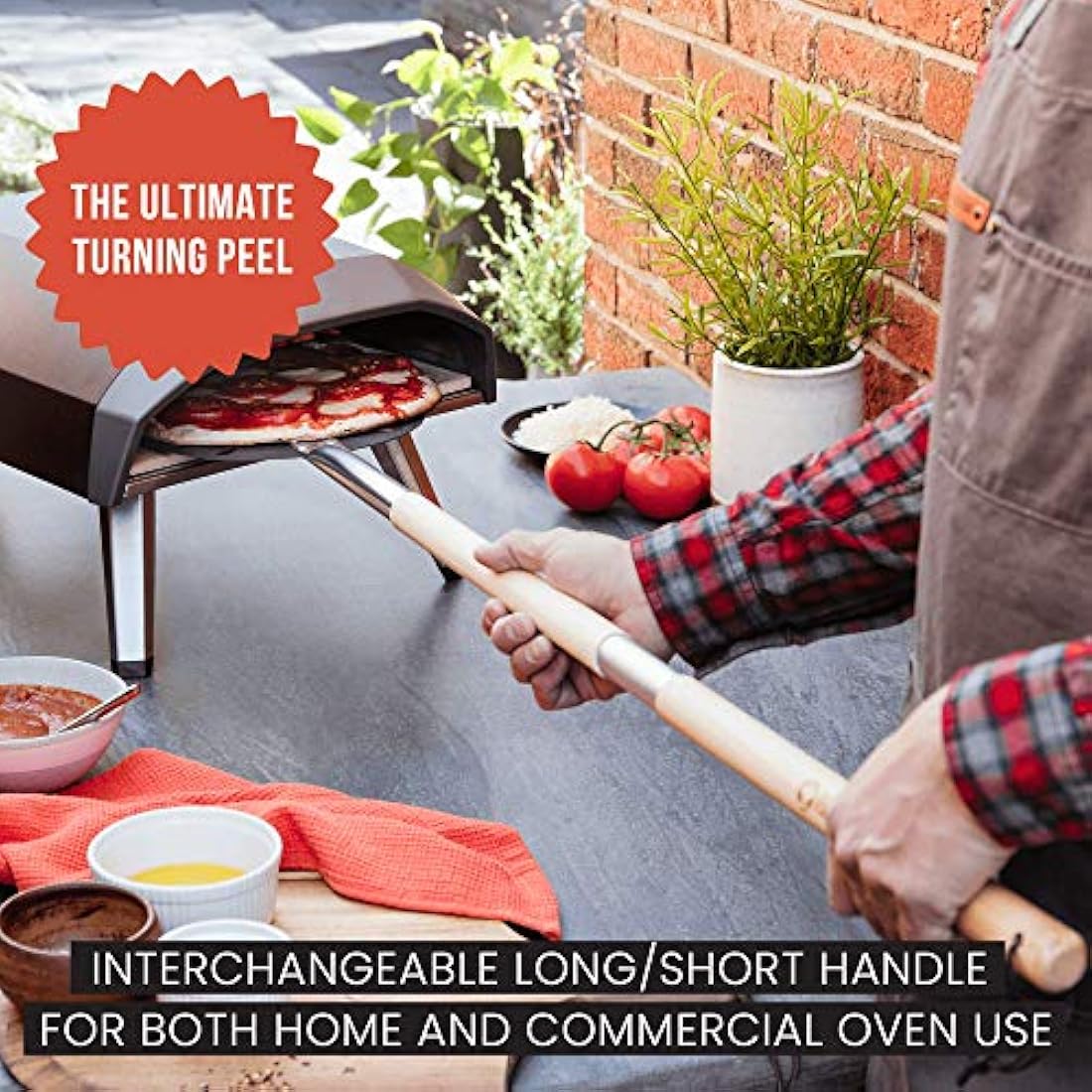 Chef Pomodoro 9-Inch Perforated Pizza Turning Peel with 47" Wooden Handle
