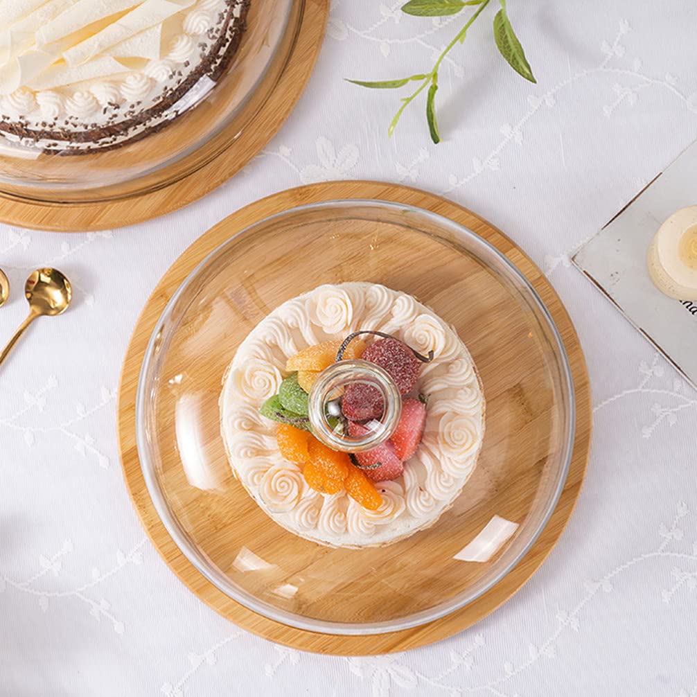 VOSAREA Wooden Cake Tray with Glass Dome - 29cm Serving Platter Stand