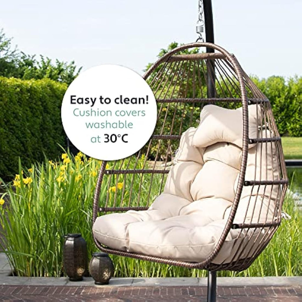 Vita5 Foldable Hanging Egg Chair with Frame | Polyrattan Swing – Beige