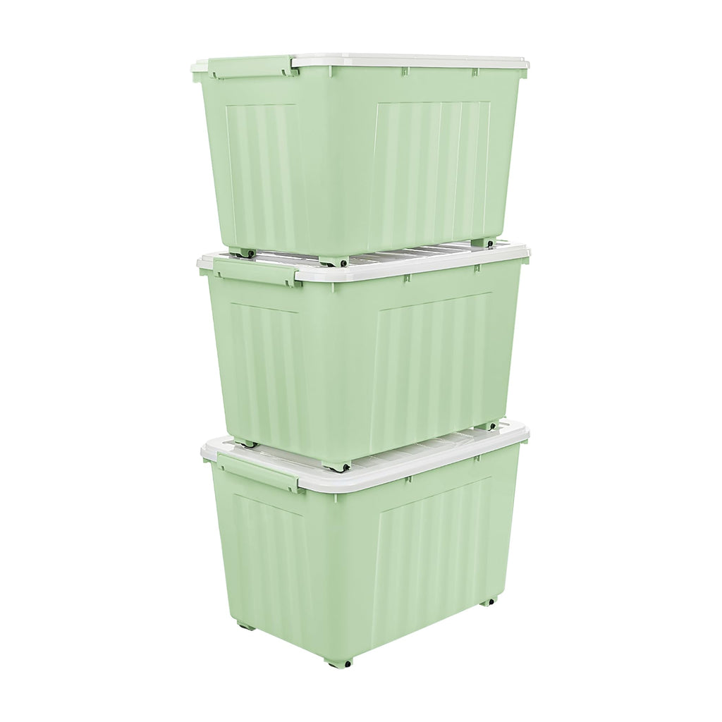 Cetomo 55L Plastic Storage Boxes with Wheels – Stackable 3-Pack, Green