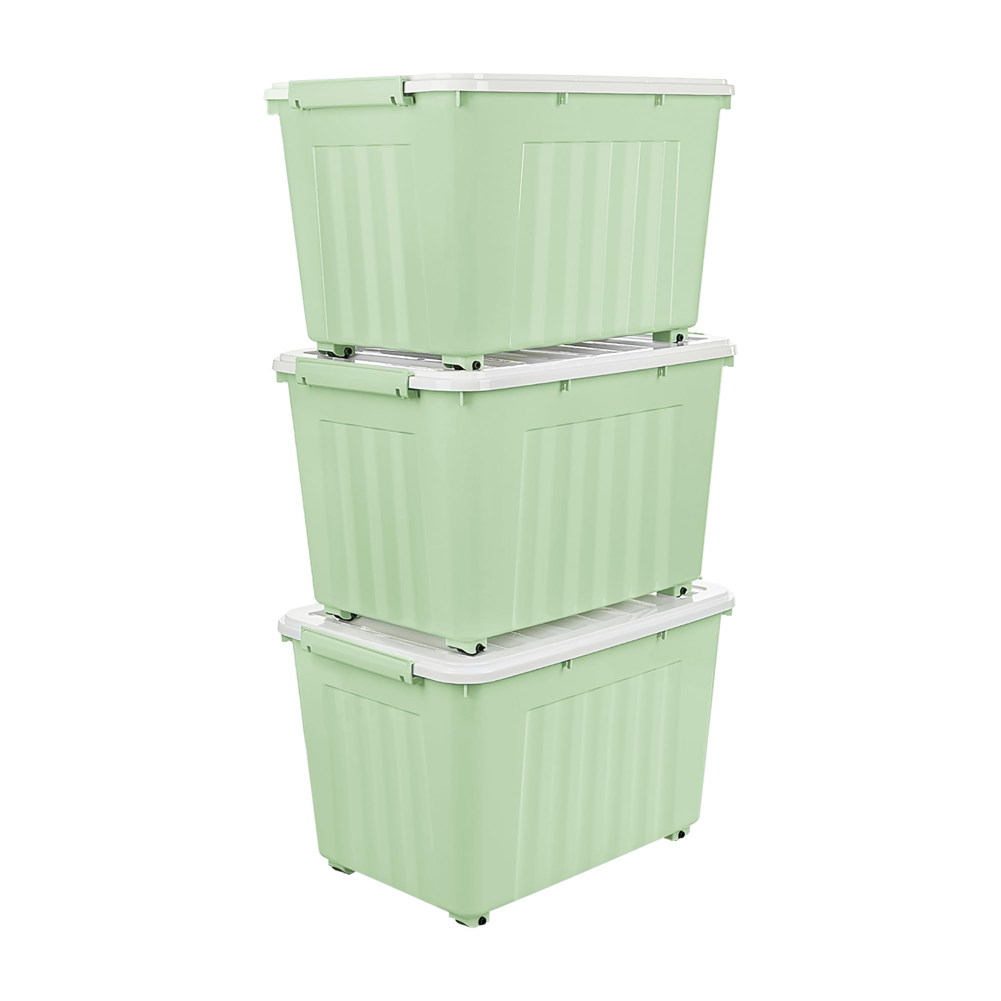 Cetomo 55L Plastic Storage Boxes with Wheels – Stackable 3-Pack, Green