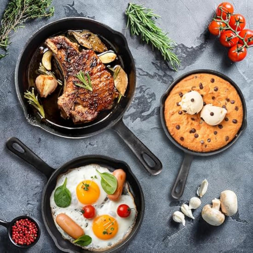 Overmont Pre-Seasoned Cast Iron Skillet Set - 3-Piece Frying Pans