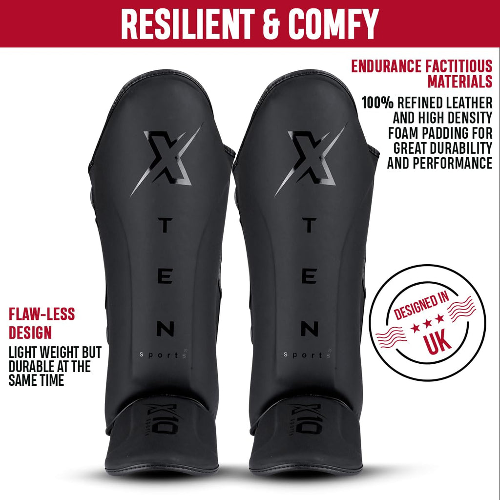 XTEN SPORTS Muay Thai Shin Guards – Gel Padded Leather MMA Gear, Matte Black