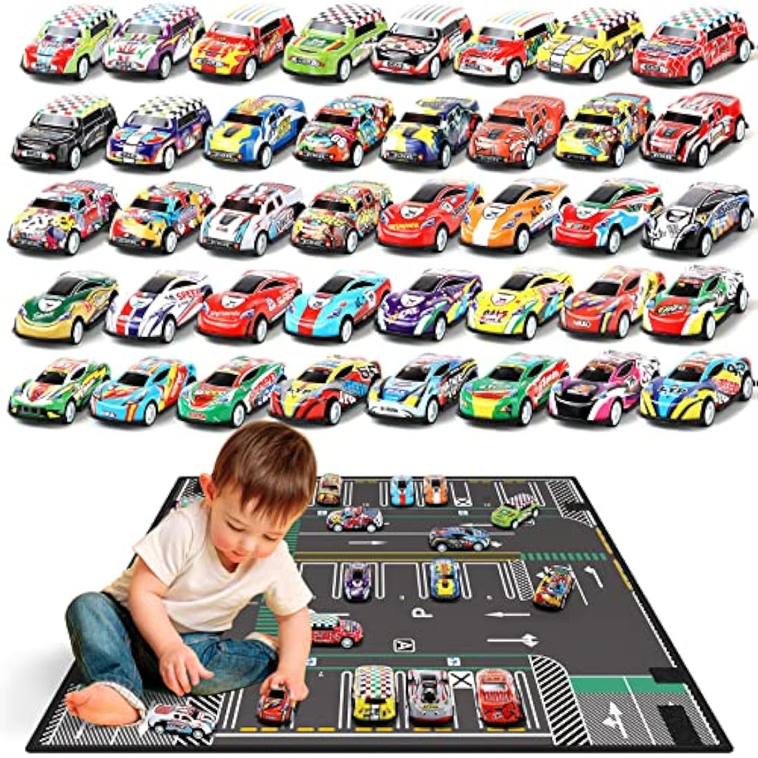 Veluoess 40-Piece Pull Back Toy Cars Set with 2-in-1 Play Mat Storage Bag
