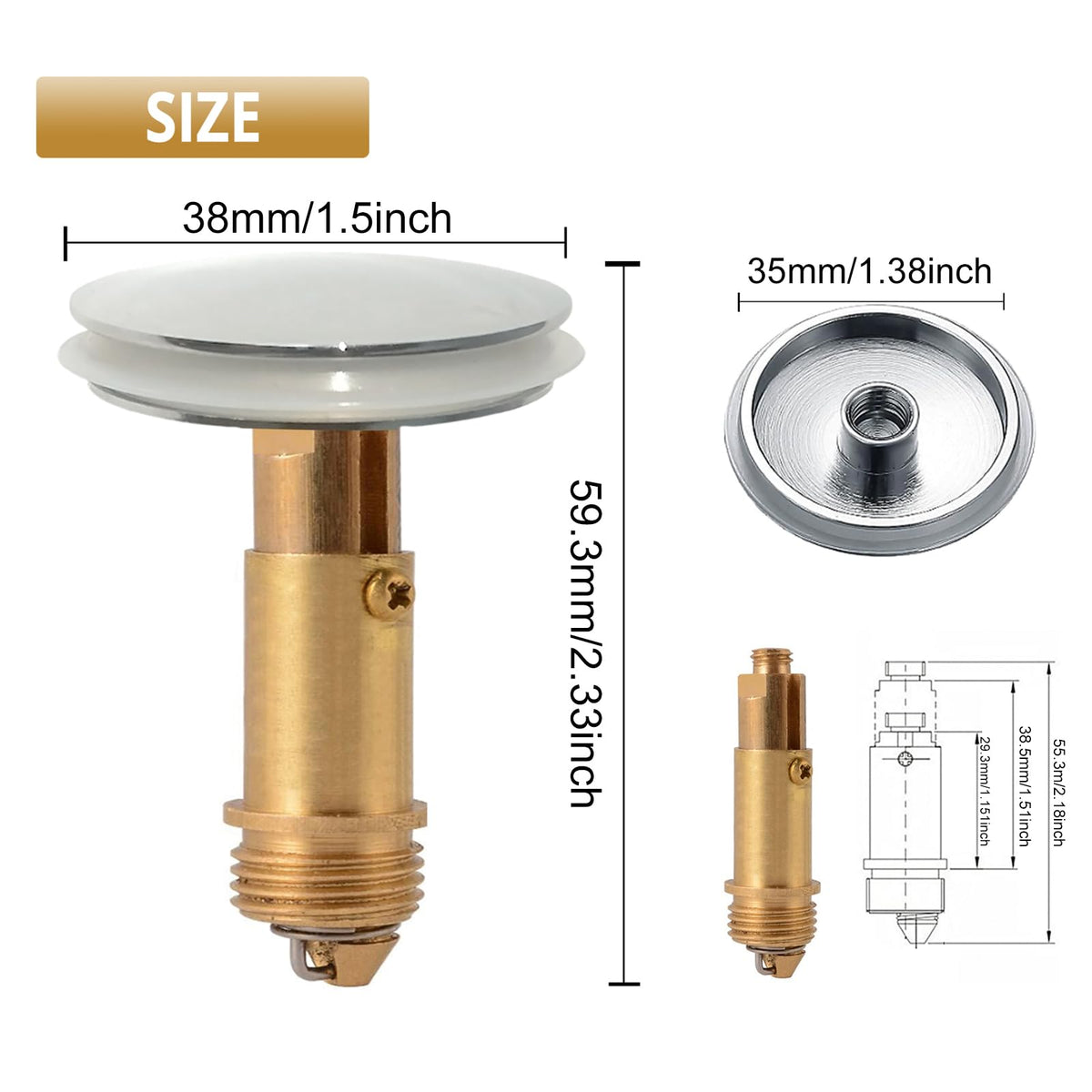 38mm Pop Up Sink Plug Replacement, Brass Bathroom Basin Drain Stopper, Universal Pop Up Basin Plug for UK Bathroom Sink Waste 1 Pack - image 2