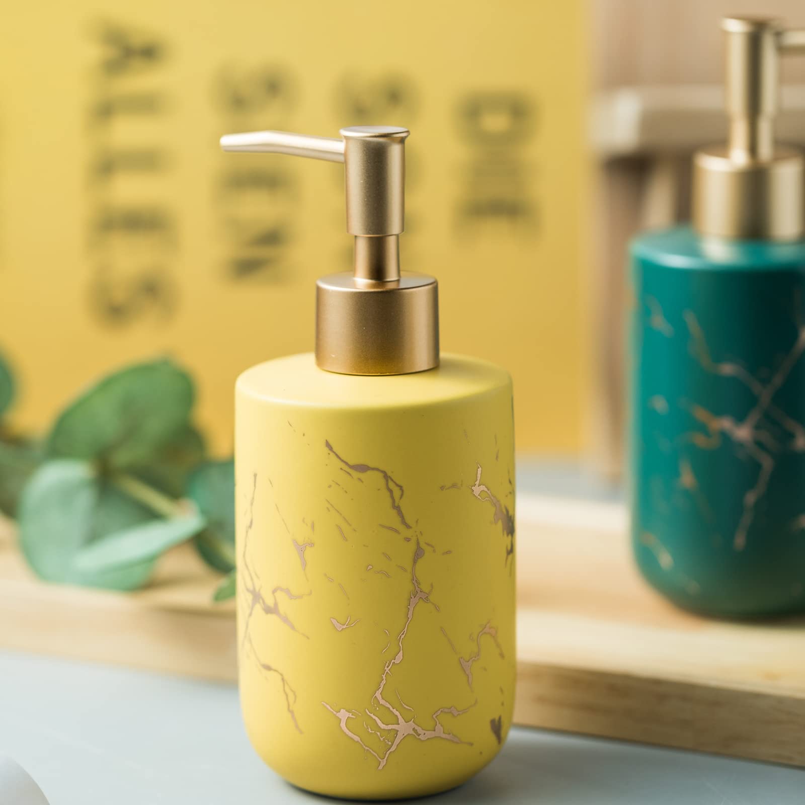 Jolof Store Ceramic Hand Soap Dispenser – Yellow Marbling Gold Pump 300ML