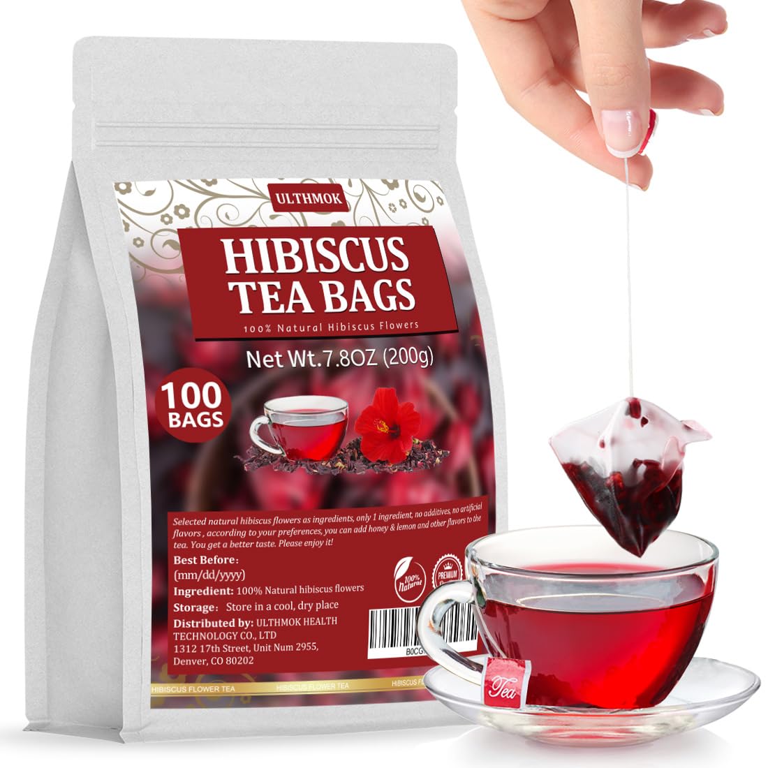 Hibiscus Tea Bags – 100% Pure Dried Flower, Caffeine Free