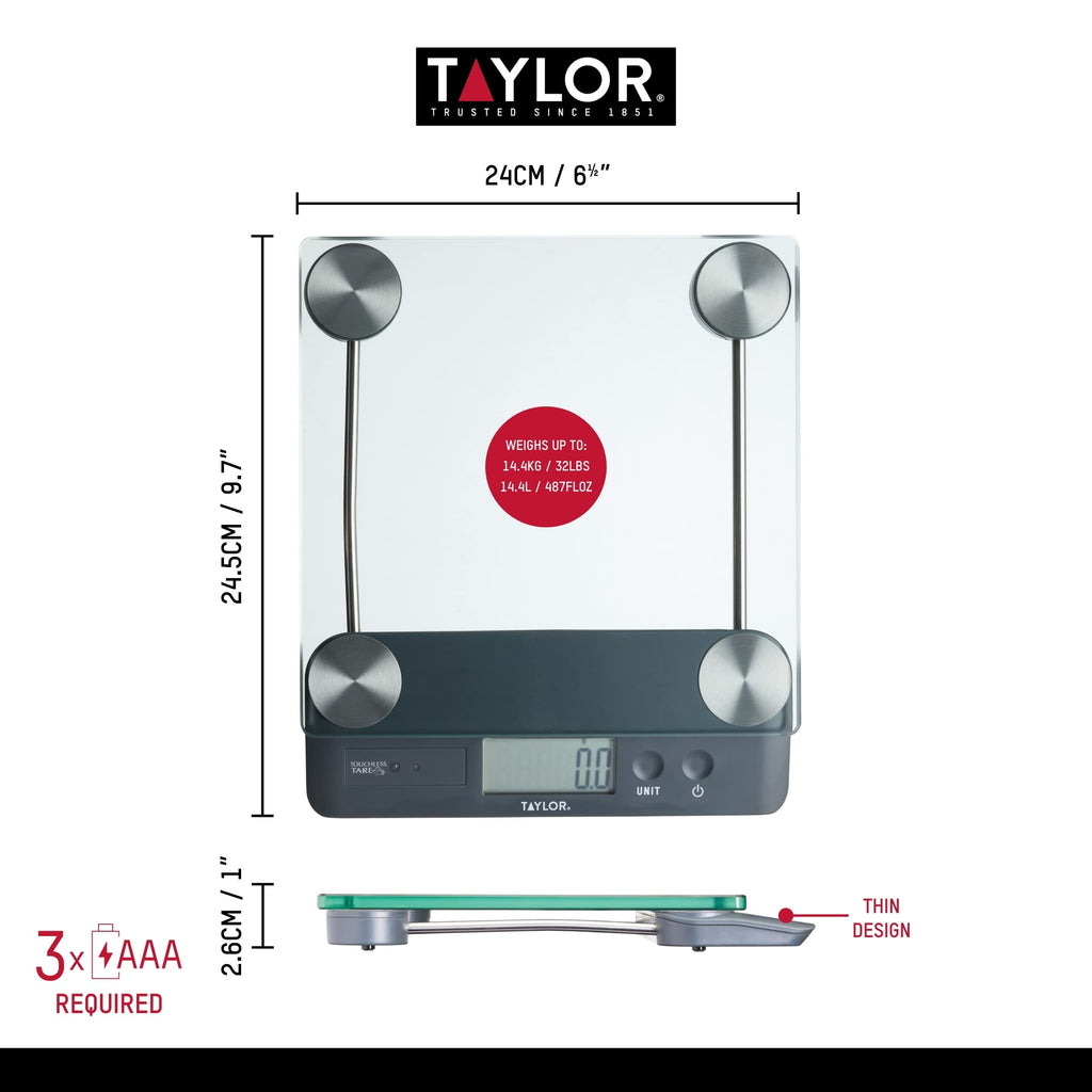 Taylor Pro Digital Kitchen Scale – Touchless Tare Food Scale, 14.4kg