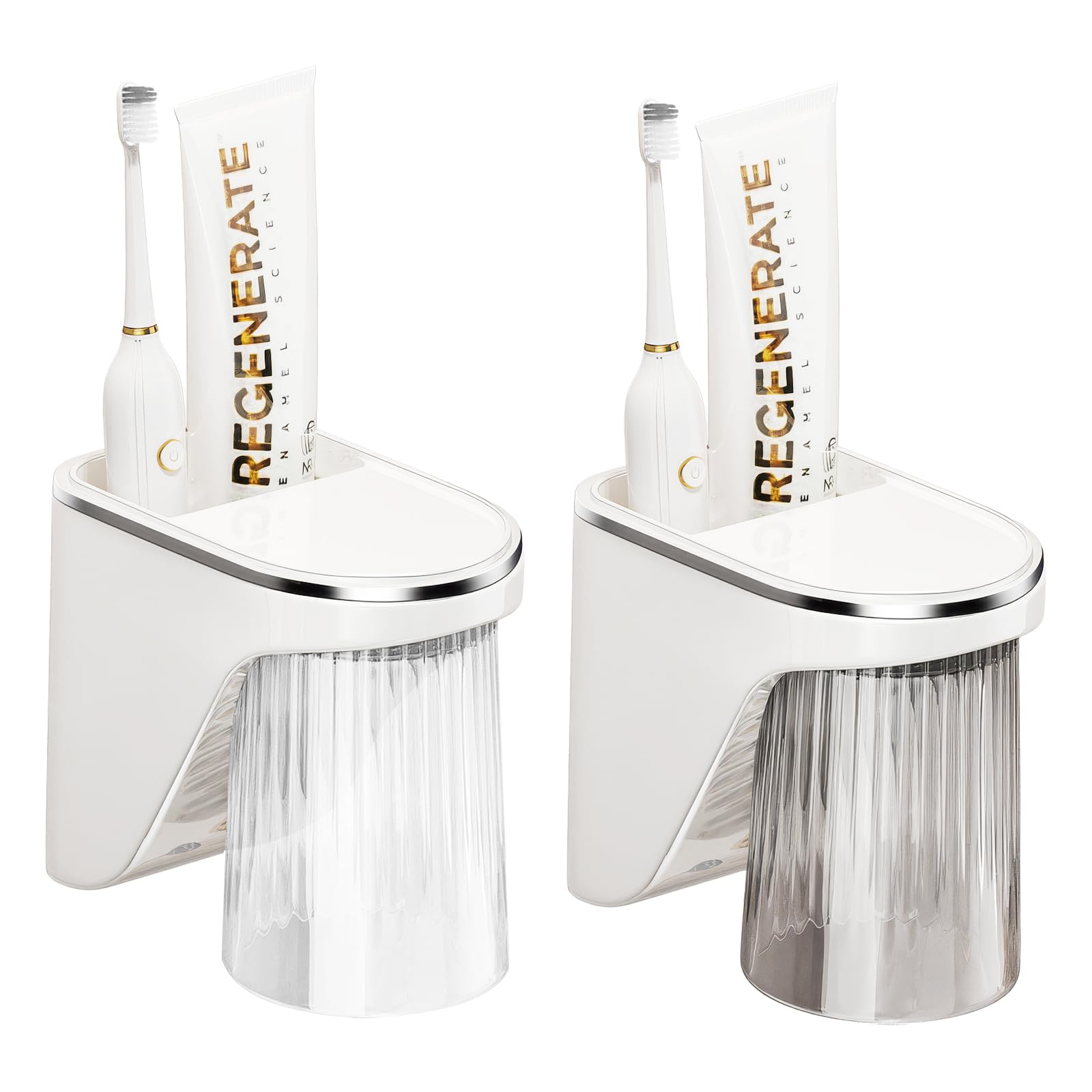 OUZHOU Wall Mounted Toothbrush Holder | 2 Magnetic Cups & Storage Box