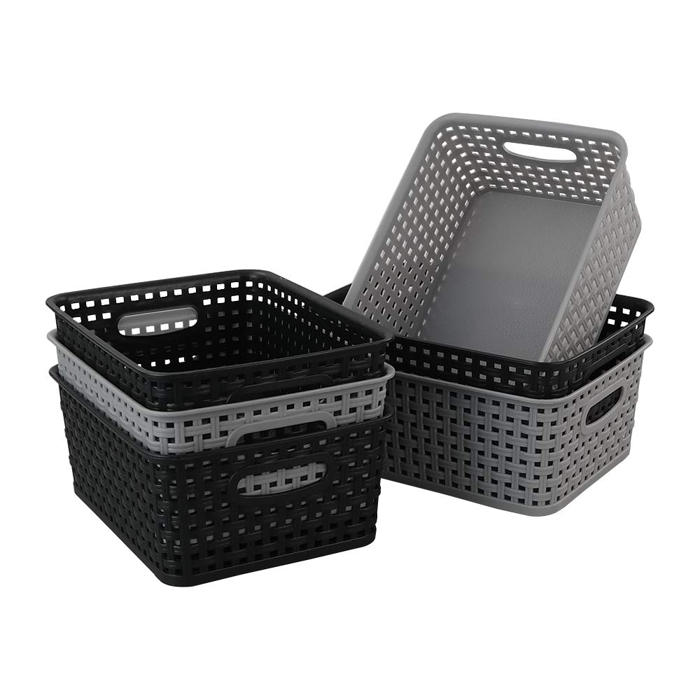 Mayish Plastic Weave Basket with Handle, Black and Grey, 6 Packs - image 1