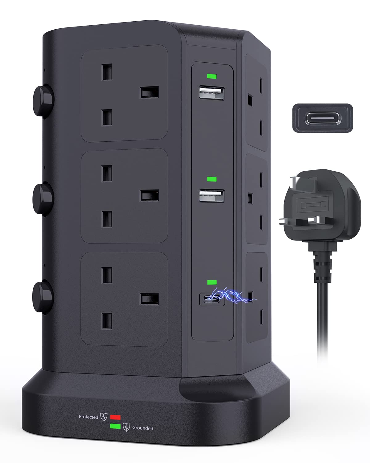 KOOSLA 12-Way Extension Tower – 20W USB-C PD Surge Protected Power Strip