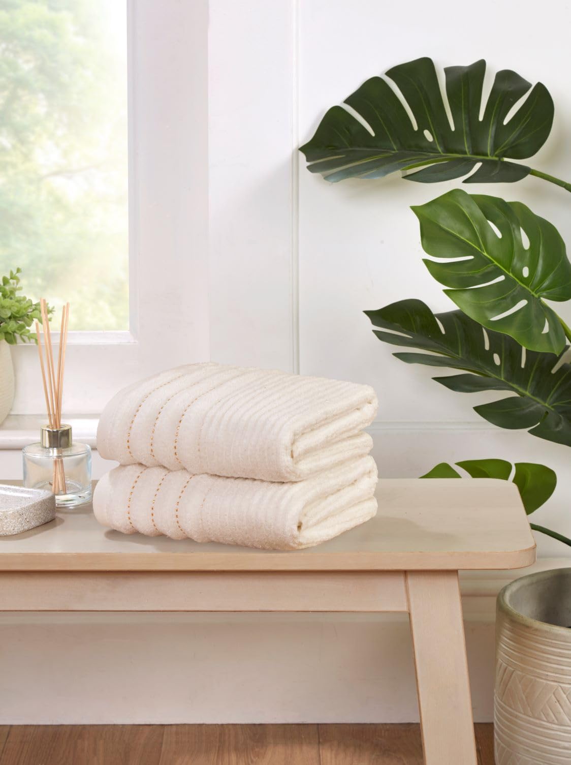 Rapport Home 2-Pack Linear Hand Towels | 50x85cm 100% Cotton 500GSM | Absorbent & Soft Bathroom Towel Set | Oeko-Tex Certified | Ivory Cream - image 2
