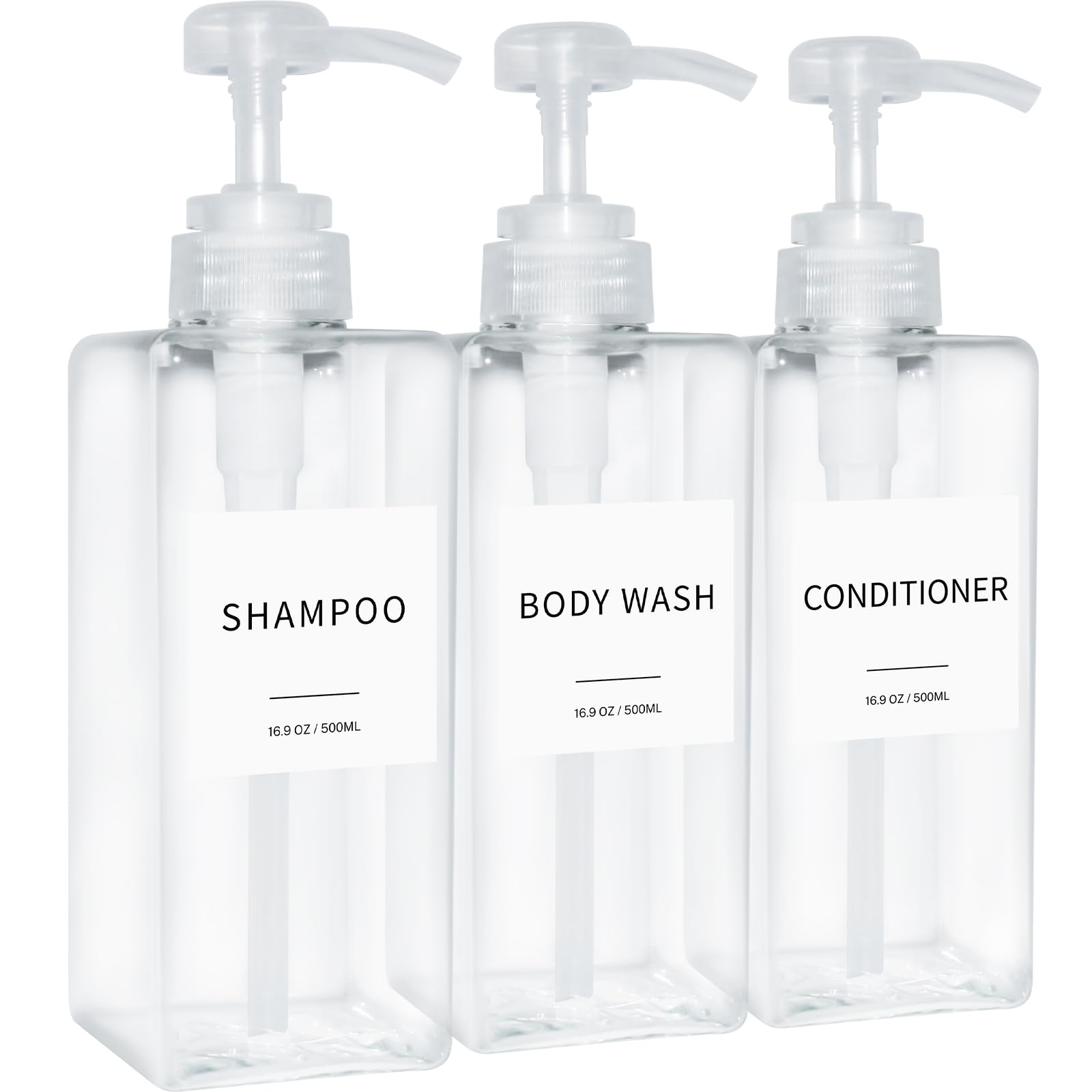 Jolof Store 3-Pack Refillable Shampoo Dispenser Set with Labels | 16.9oz