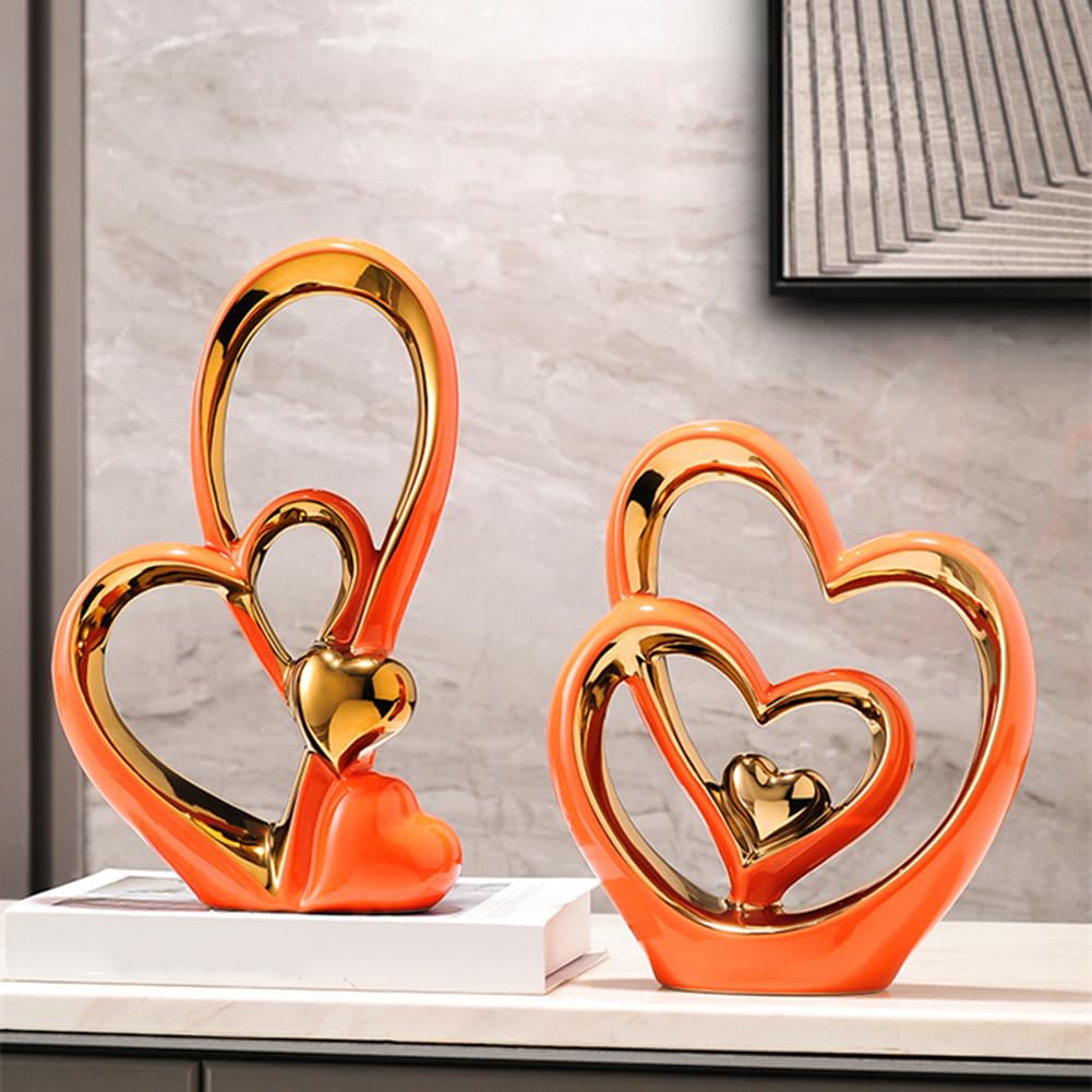 Double Heart Ceramic Sculpture – Modern Gold & Orange Ornament