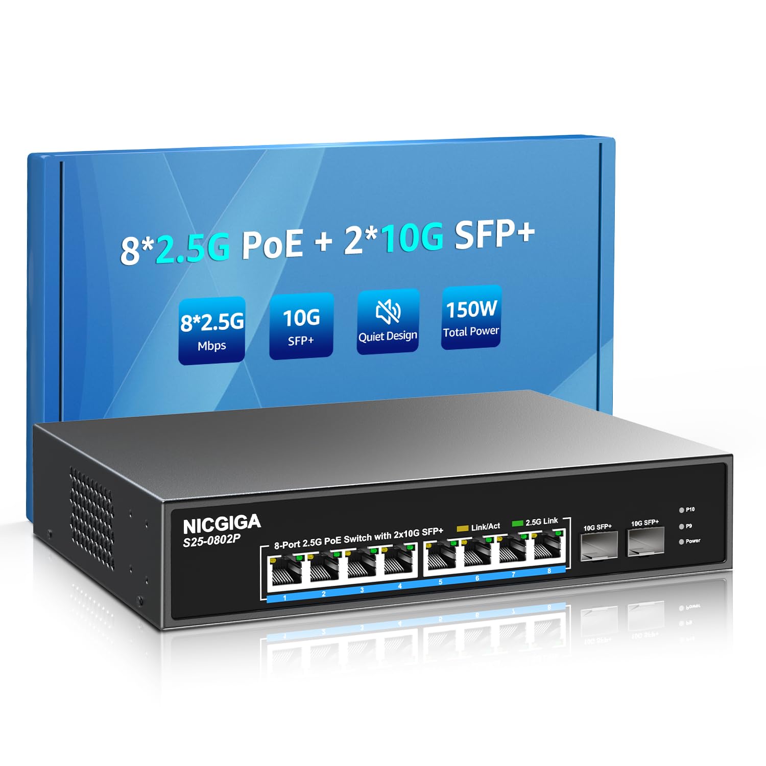 NICGIGA 10 Port 2.5G PoE Switch | 8 Port 2.5GbE + 2 x 10G SFP+ Uplink