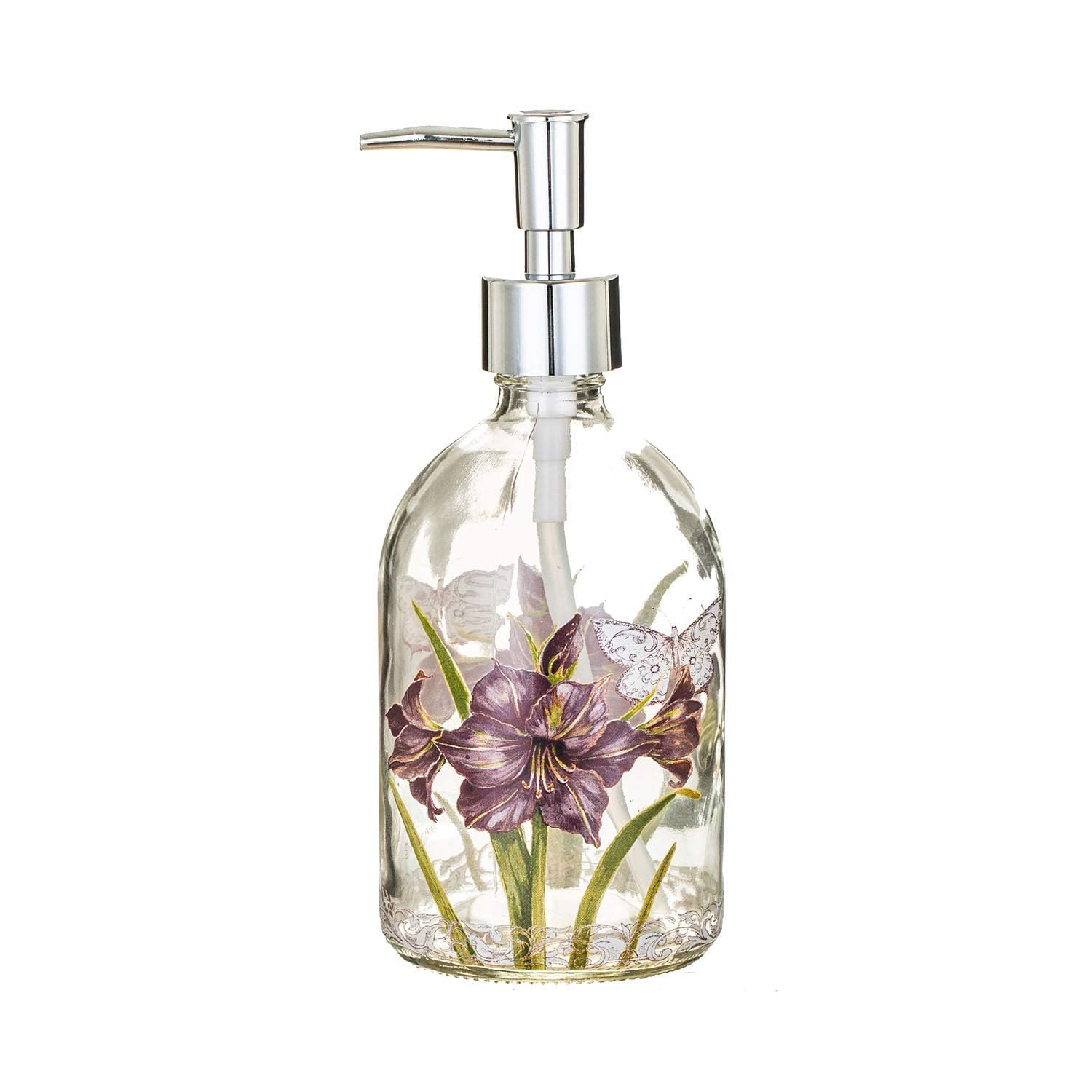 Topadorn Glass Soap Pump Dispenser | Floral & Butterfly Design, 17 oz.