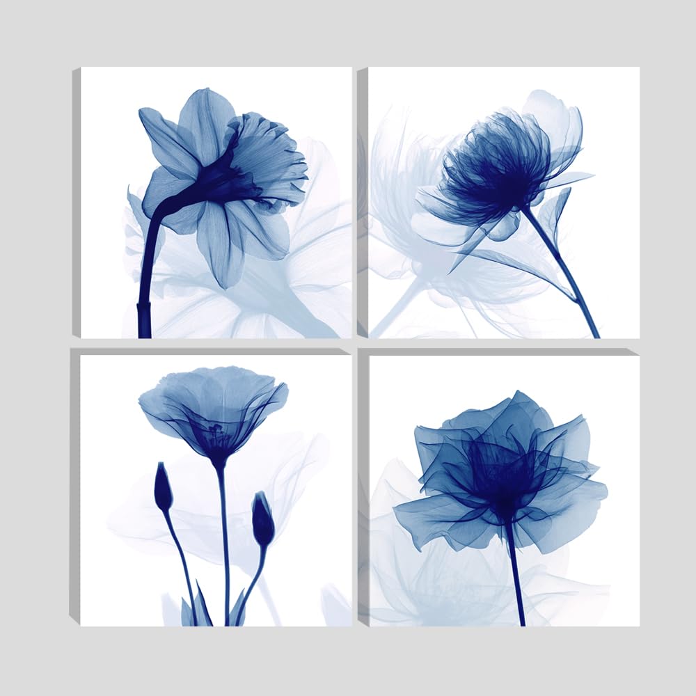 Blue Floral Canvas Wall Art – 4 Panel Abstract Flower Prints