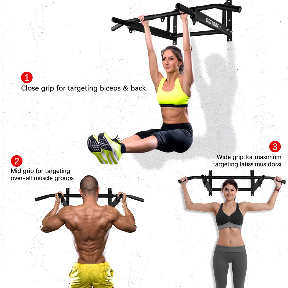 OneTwoFit Wall Mounted Pull Up Bar – Heavy Duty 6-Hole Home Gym Bar