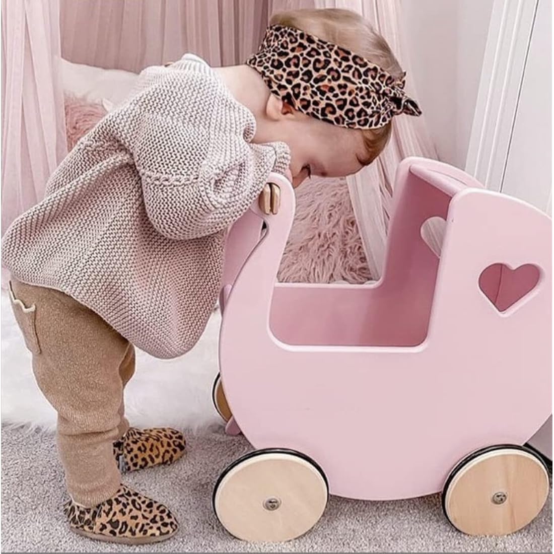 Moover Classic Wooden Doll's Pram – Pink Birch Plywood Push Along Toy