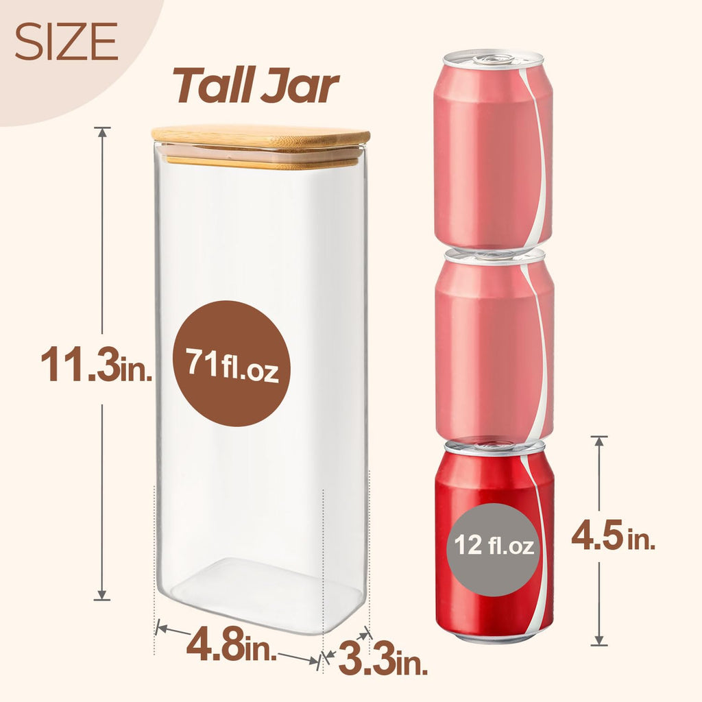 ComSaf 2100ml Rectangle Glass Food Storage Jars with Airtight Bamboo Lids