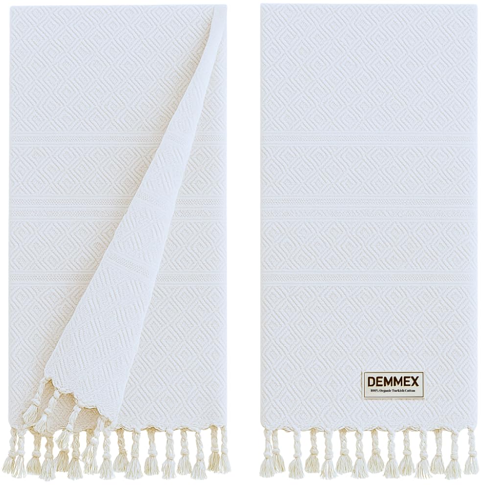 DEMMEX Organic Turkish Cotton Hand Towels - Set of 2 Diamond Weave