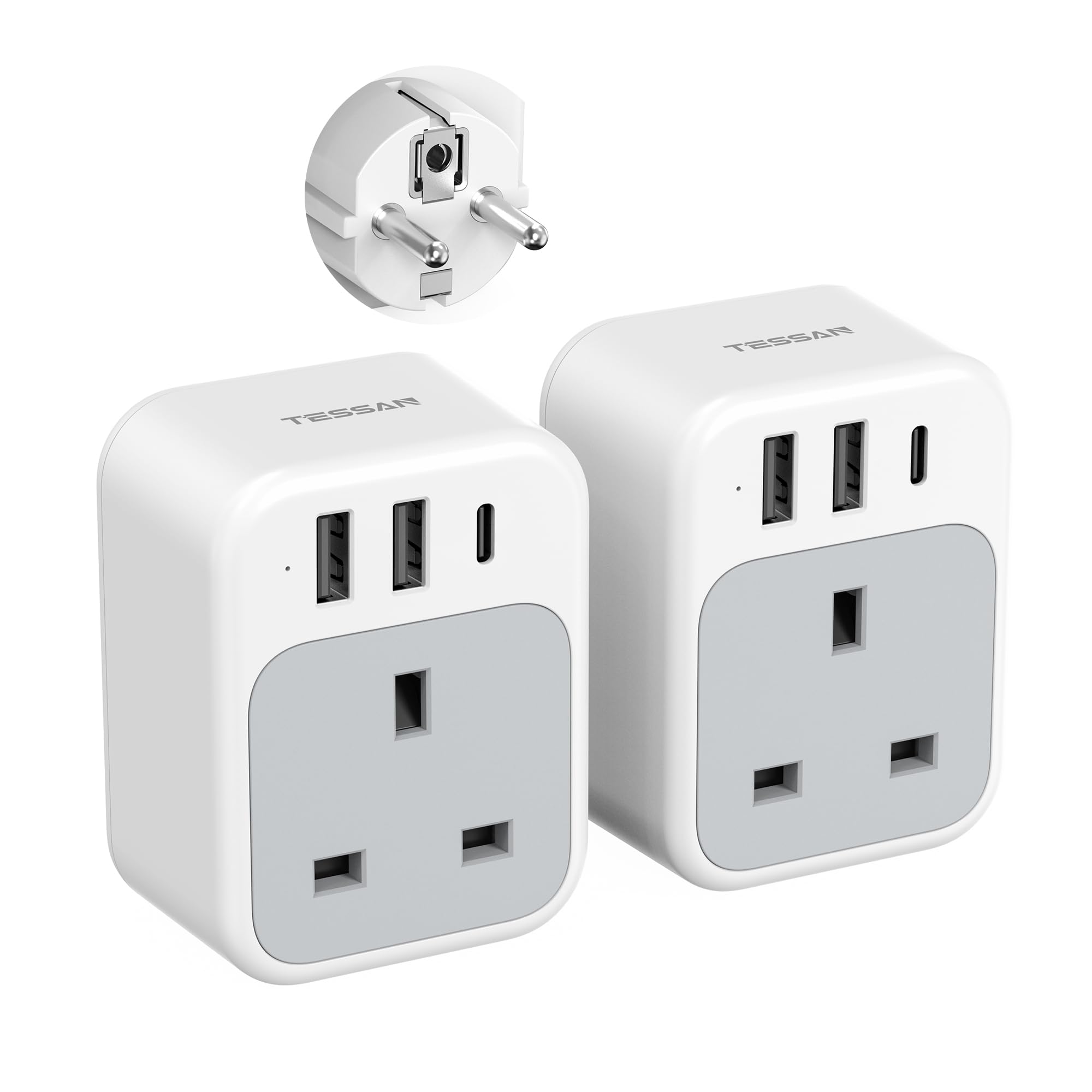 Tessan UK to European Plug Adapter 2 Pack | 4-in-1 USB C Travel Adapter