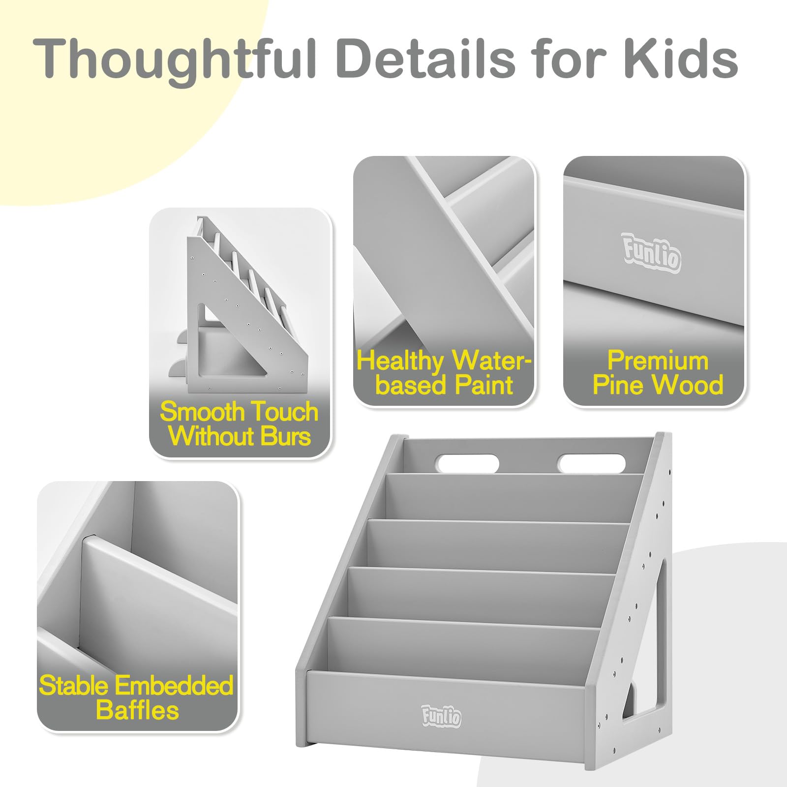 FUNLIO Montessori Bookshelf – Front-Facing Pine Wood Toddler Bookcase