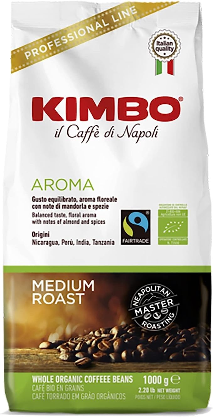 Kimbo Organic Fairtrade Coffee Beans – 1kg Arabica & Robusta Blend