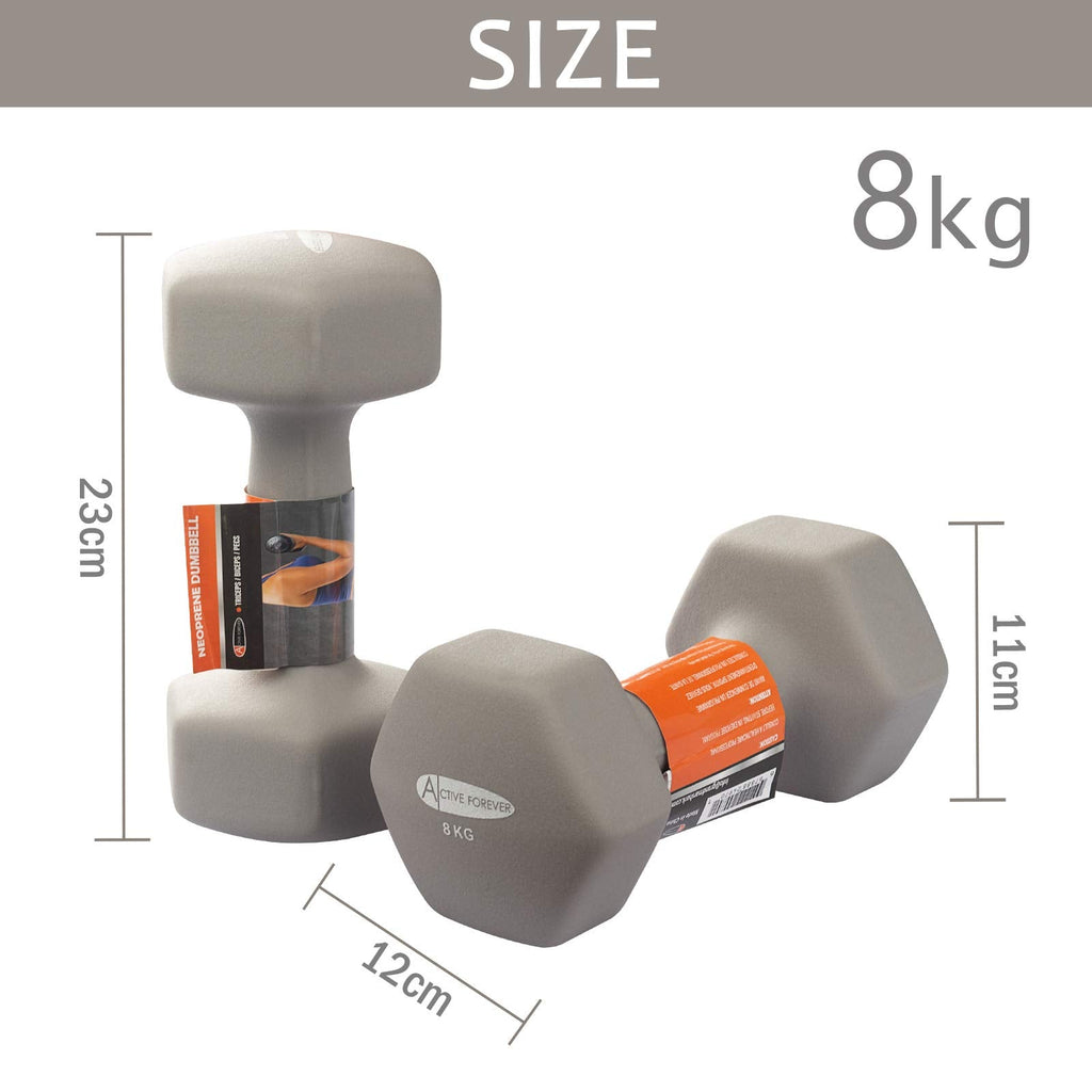 ACTIVE FOREVER Neoprene Hex Dumbbells Set of 2 | 8kg Grey Weights