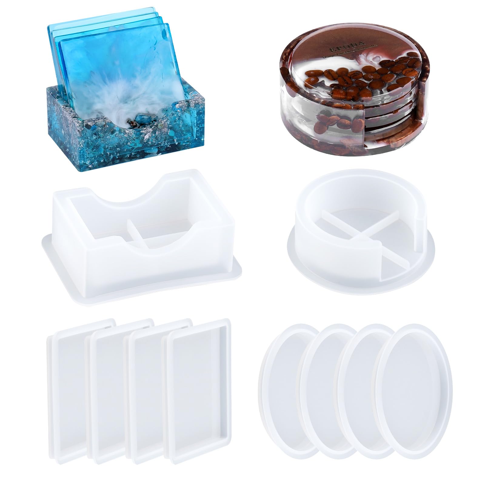 EPODA 10-Piece Silicone Resin Coaster Molds Kit with Holder - Round & Square