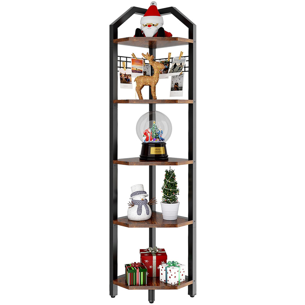 YMYNY 5-Tier Corner Shelf – 176cm Industrial Rustic Brown Bookshelf