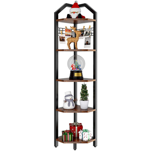YMYNY 5-Tier Corner Shelf – 176cm Industrial Rustic Brown Bookshelf