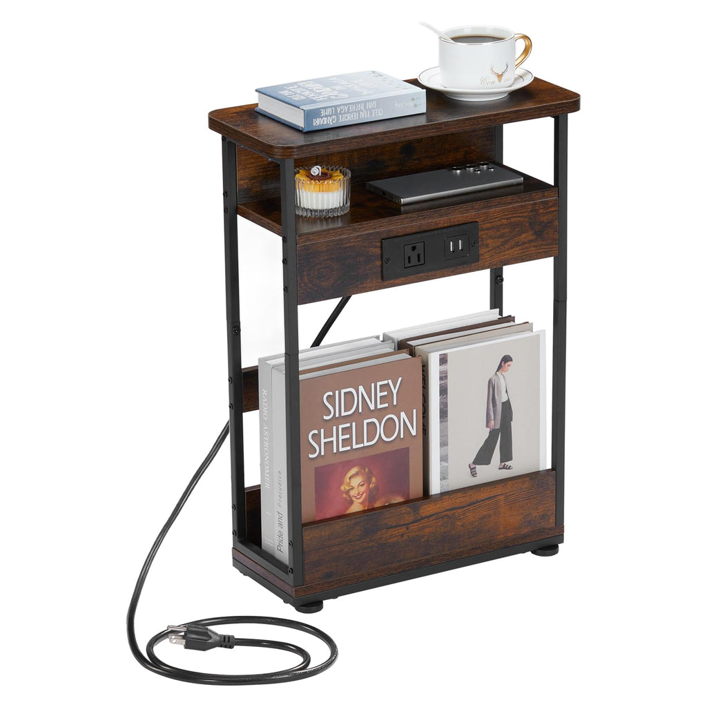 Narrow Side Table with Charging Station – Rustic Brown