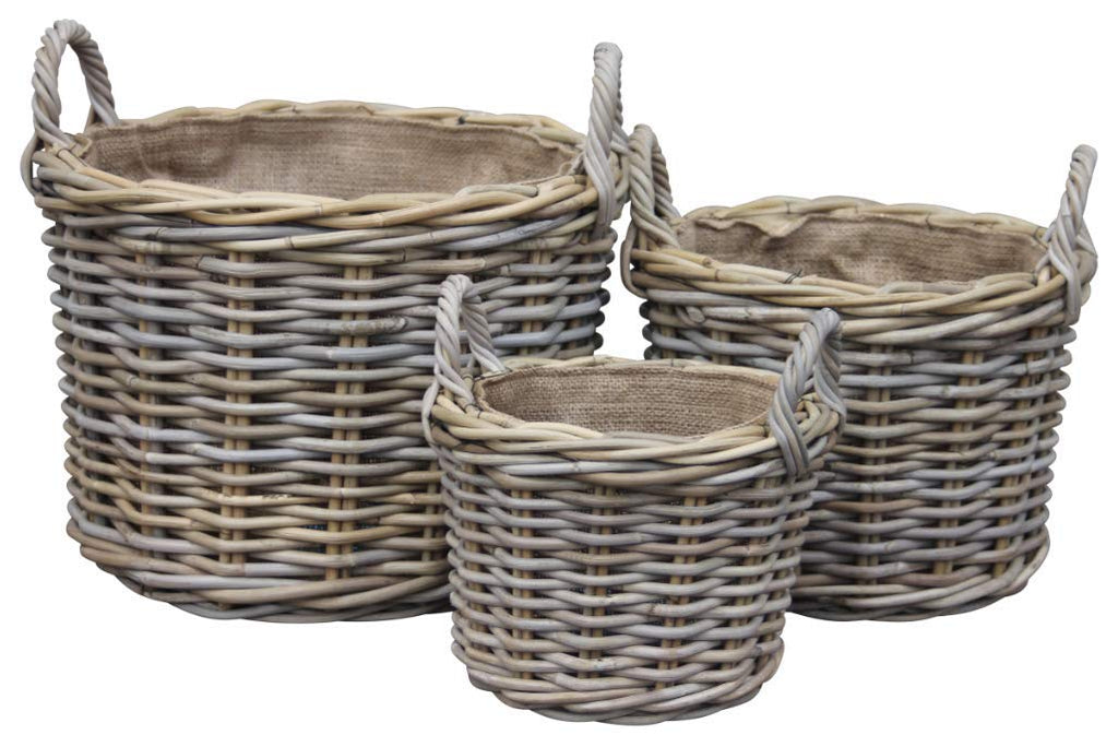 Large Round Kuba Rattan Log Basket | Hessian Lined Storage