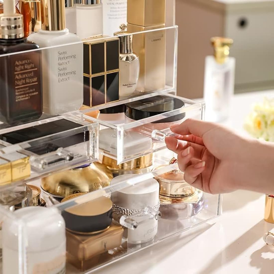 SIOOUI Acrylic Makeup Organizer – Large Clear Cosmetic Storage with Drawers
