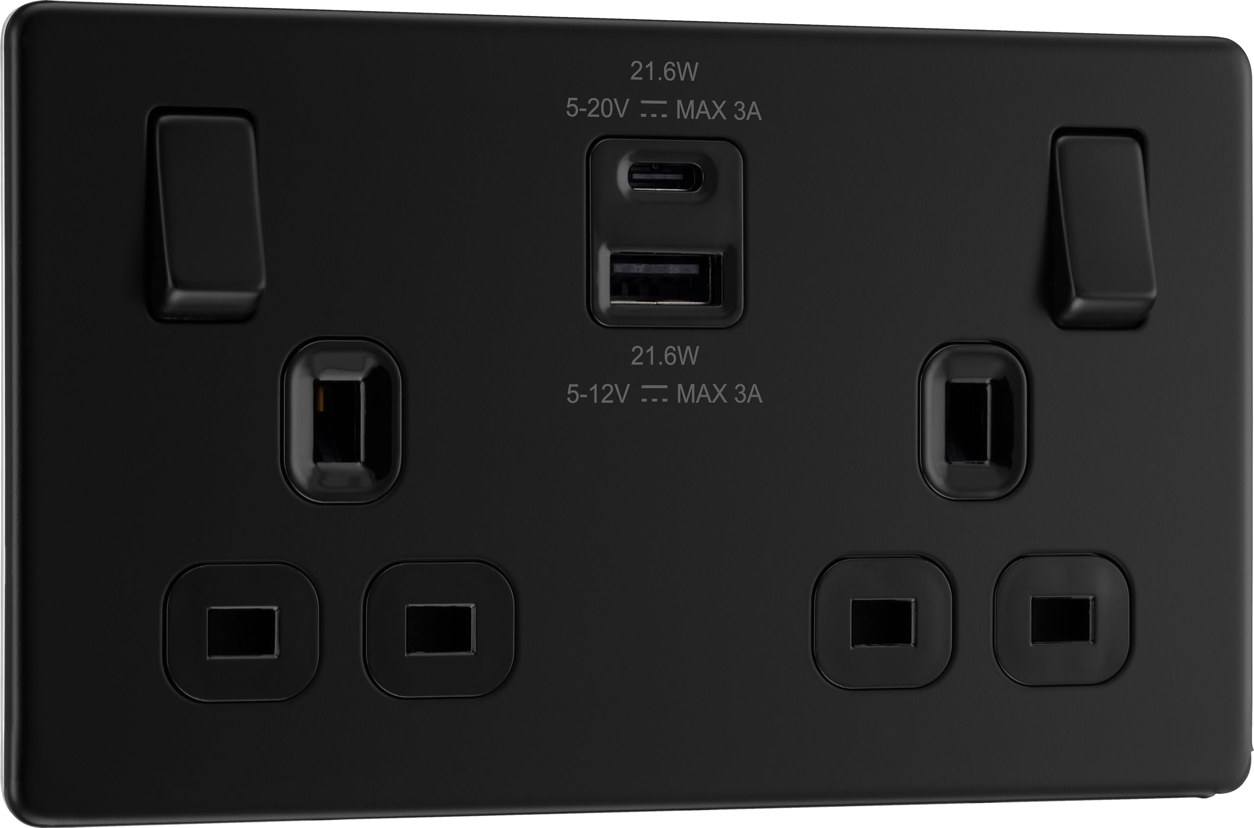 BG Electrical Double Switched Socket | 22W USB A+C | Matt Black