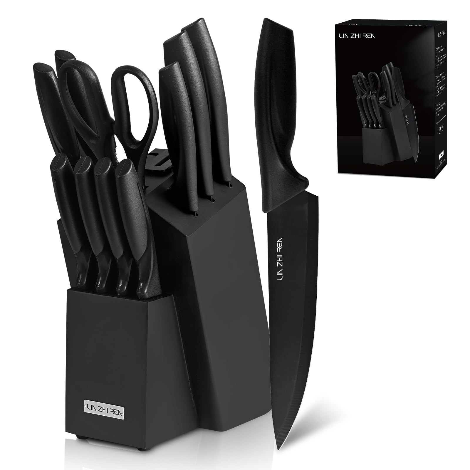 LIN ZHI REN 13-Piece Kitchen Knife Set with Block and Sharpener, Black