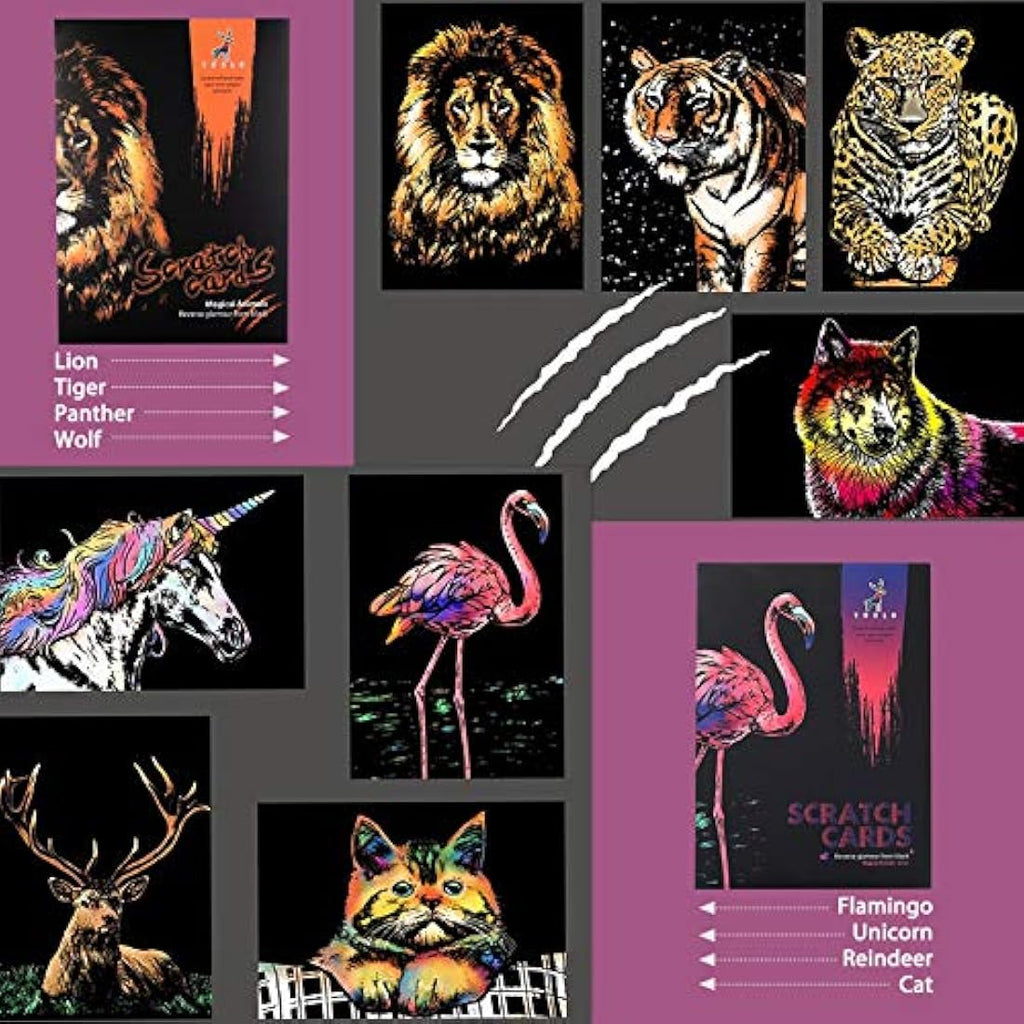 Jolof Store 8PCS A4 Scratch Art Paper Set – Rainbow Animal Engraving Kit