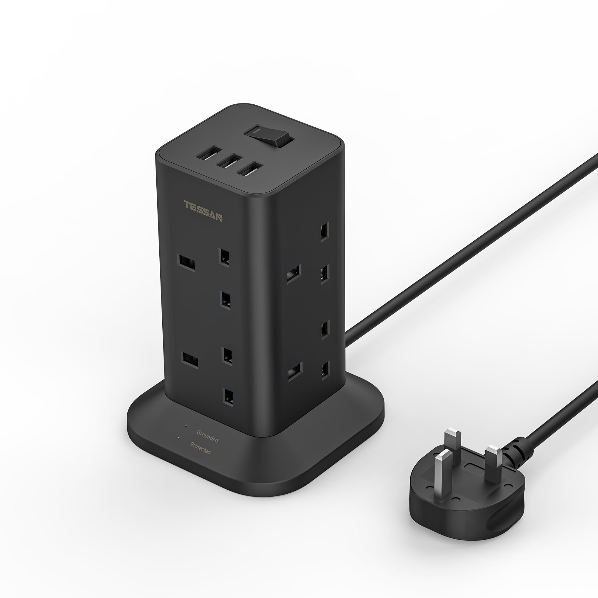 TESSAN 8-Way Extension Lead – Surge Protected Power Strip with 3 USB