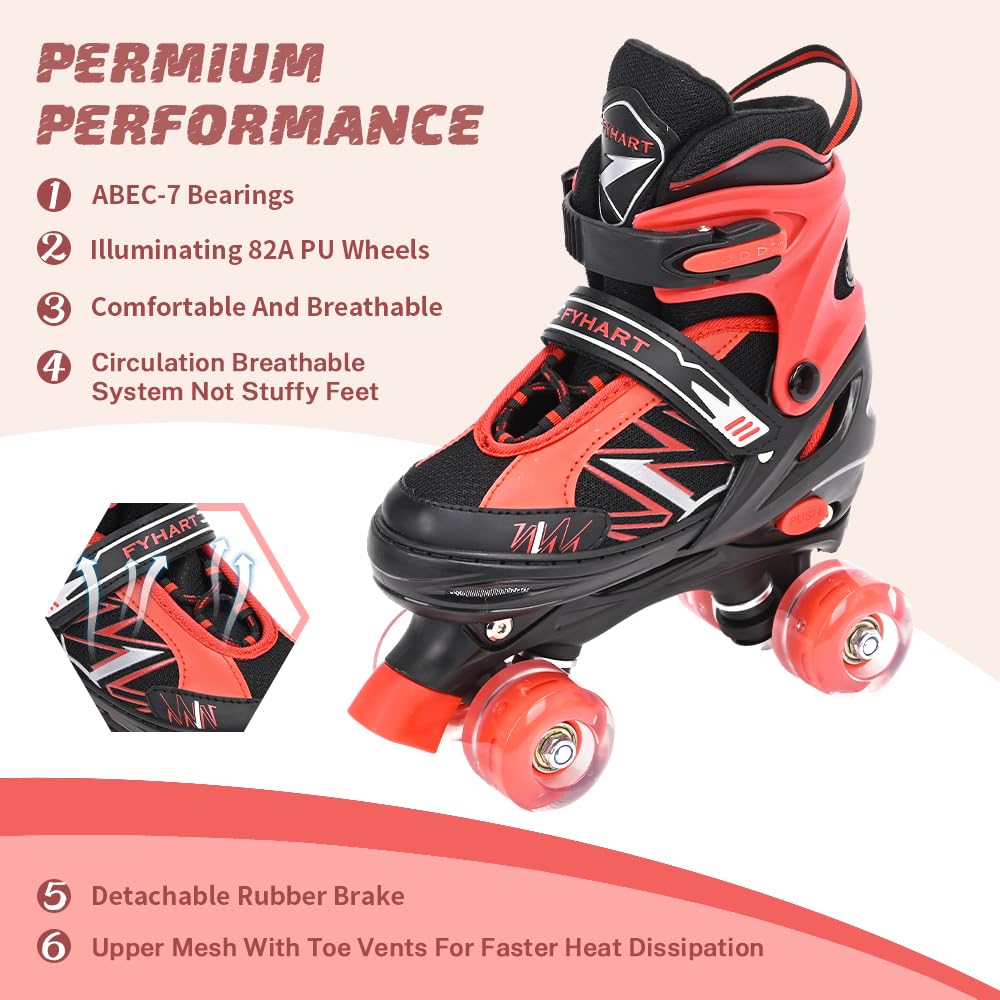 MGY Kids Adjustable Roller Skates with 8 Light Up Wheels – Red