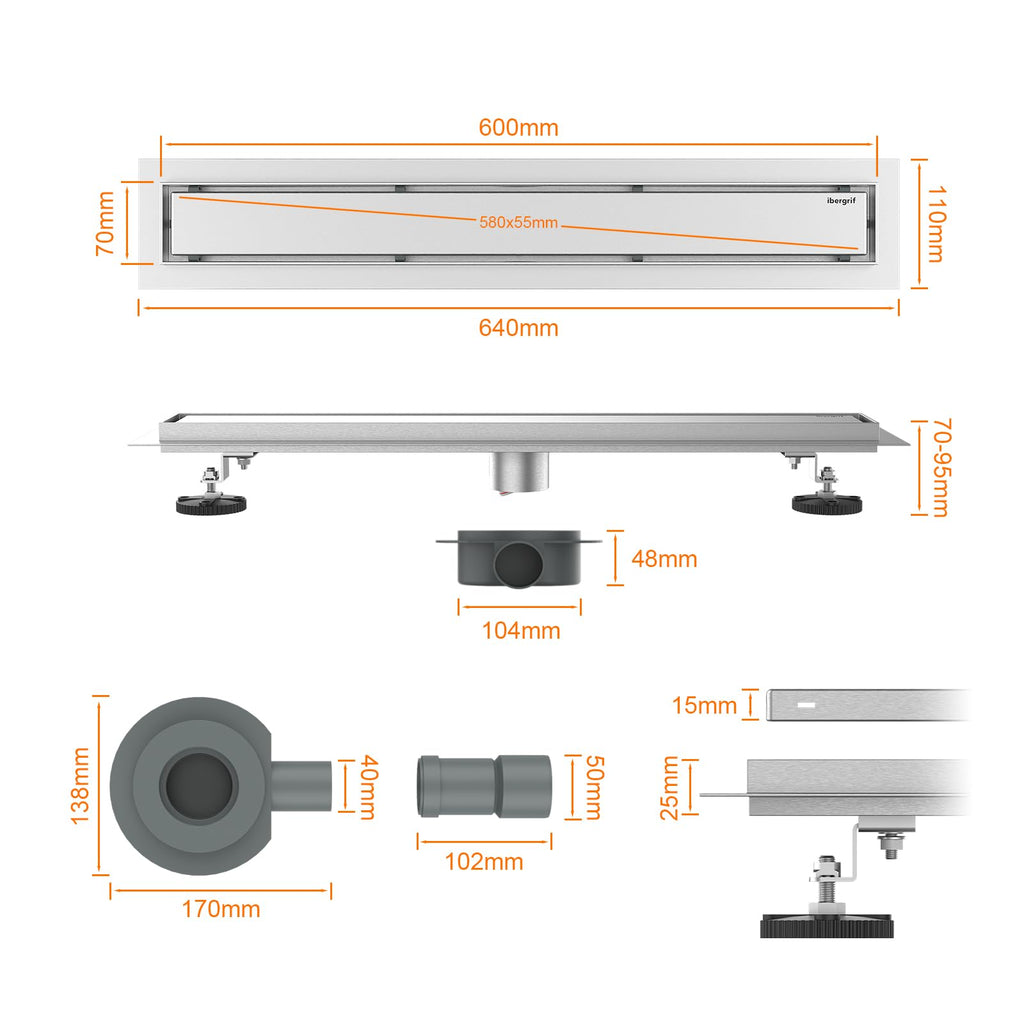 Ibergrif 600mm Linear Shower Drain | Stainless Steel Tile Insert Set
