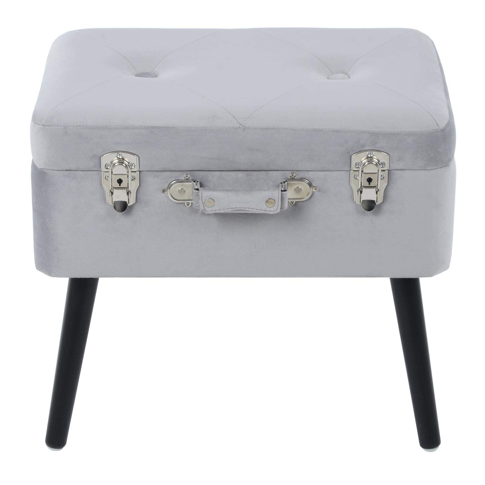 Hodge and Hodge Velvet Suitcase Storage Stool | Silver Grey Trunk Seat