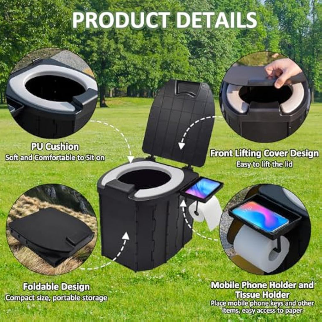 Foldable Camping Toilet – Portable ABS Loo with Phone Holder