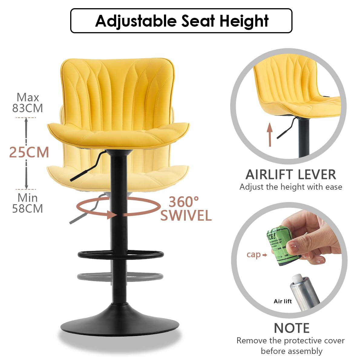 Kidol & Shellder Bar Stools Set of 2 Swivel Breakfast Barstools, Yellow - image 4