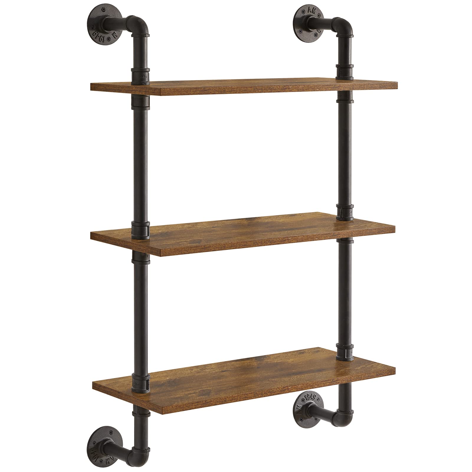 YMYNY 3-Tier Industrial Pipe Wall Mount Shelves | Rustic Wood Bookshelf