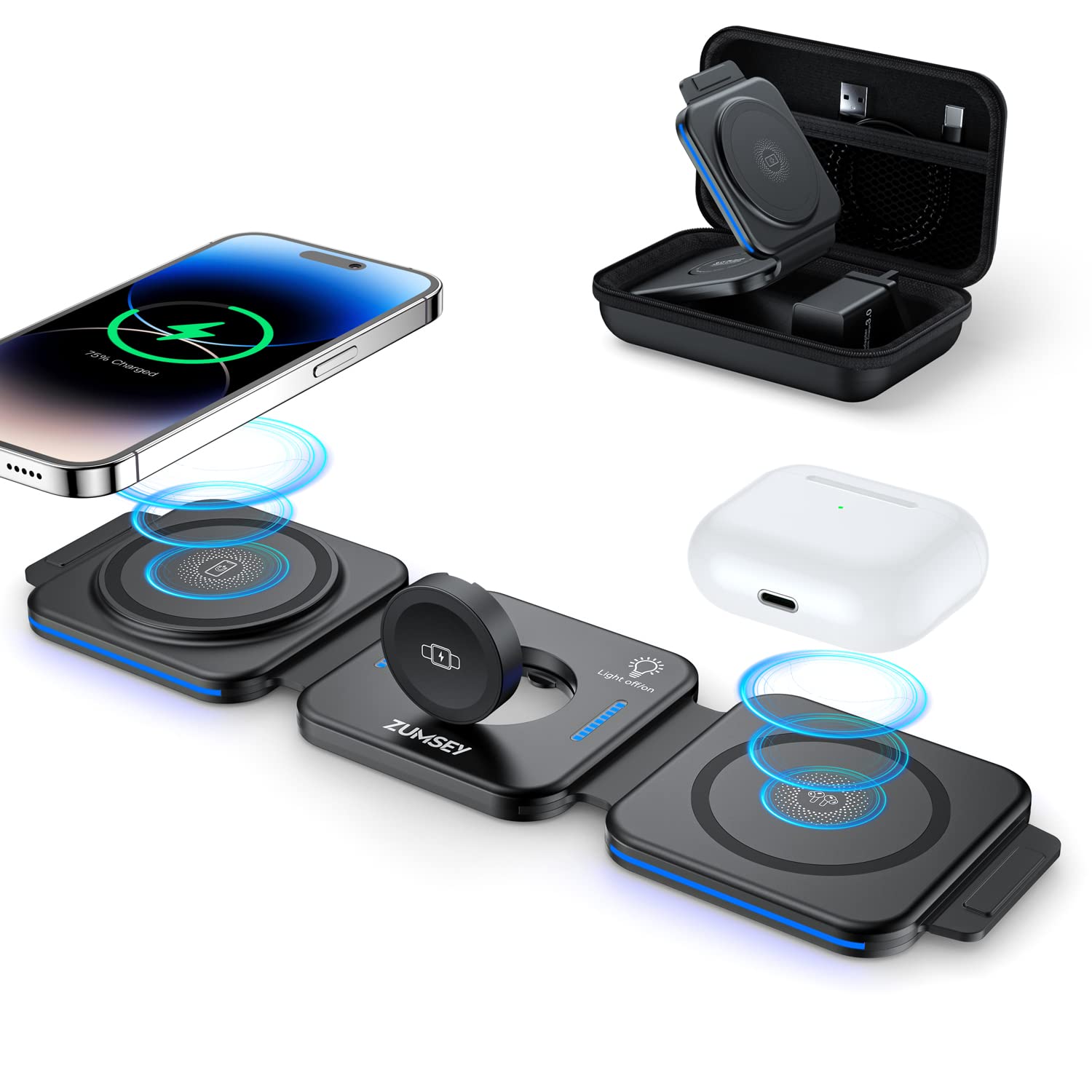 ZUMSEY 3-in-1 Wireless Charging Station for iPhone, Apple Watch & AirPods