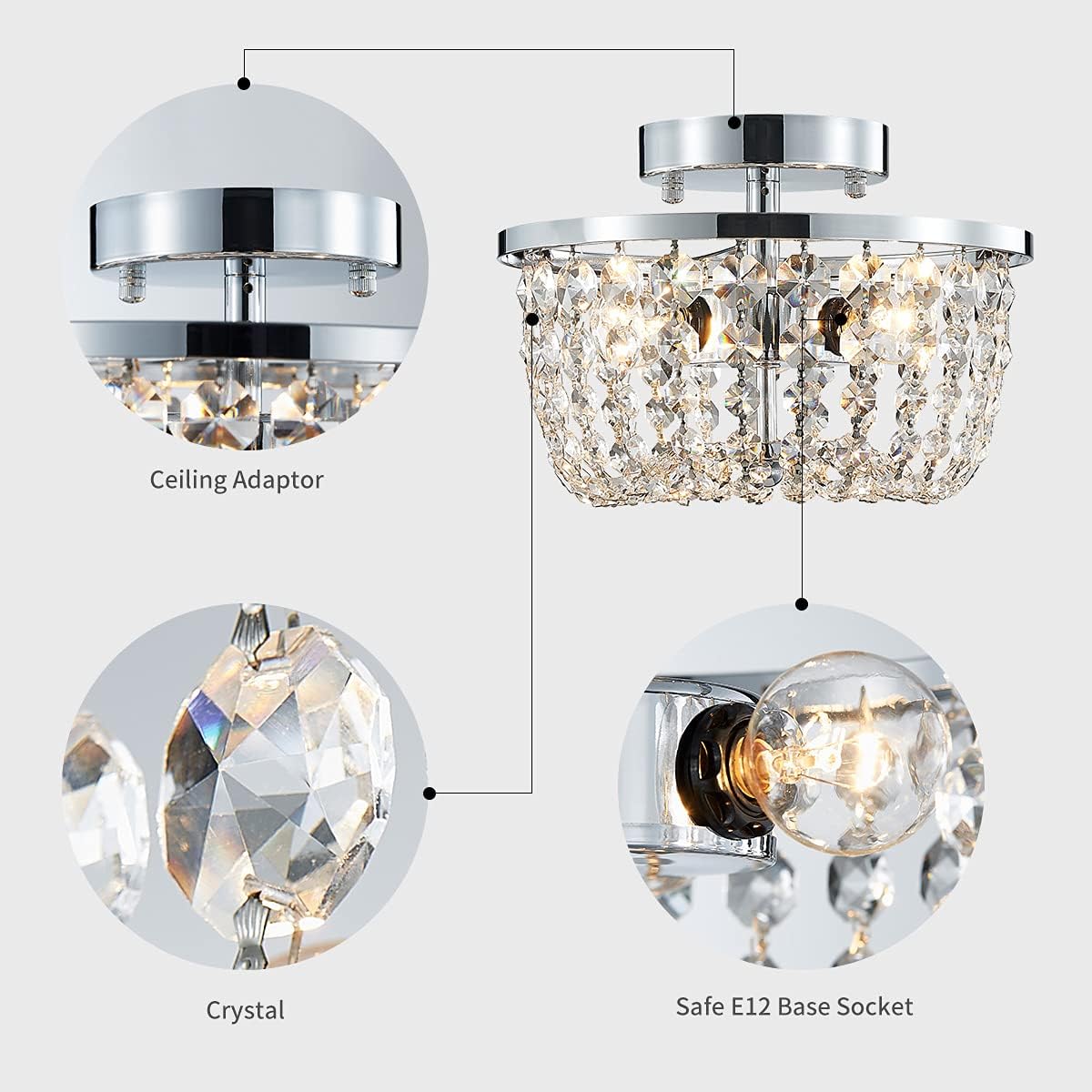 WUZUPS Modern Crystal Chandelier – Chrome Semi-Flushmount Ceiling Light