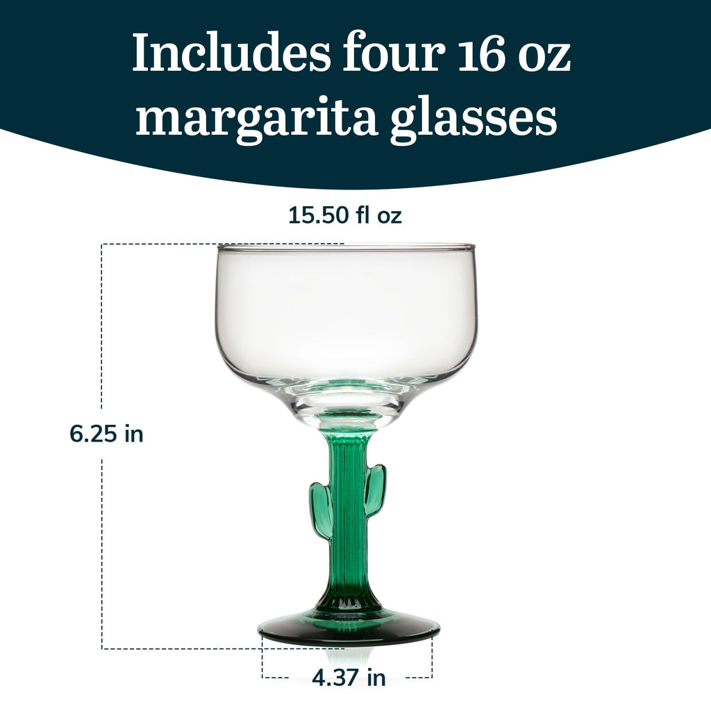 Libbey Cactus Margarita Glasses - 16oz Durable Glassware - Set of 4