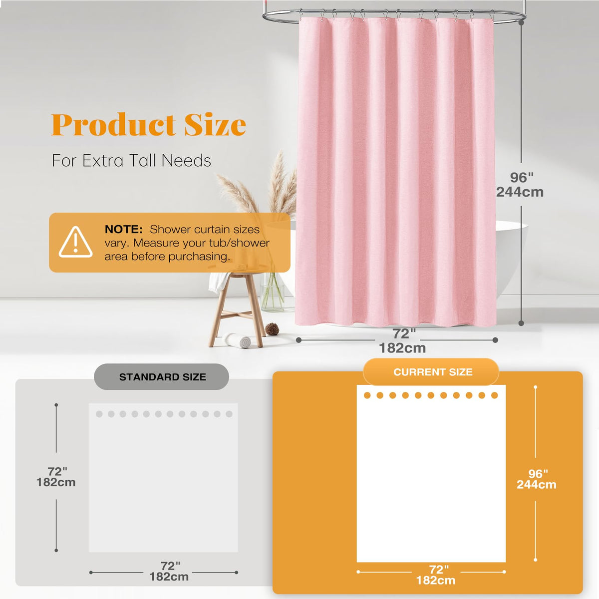 BTTN Extra Long Linen Look Shower Curtain, Waterproof, 182x244cm, Pink - image 2